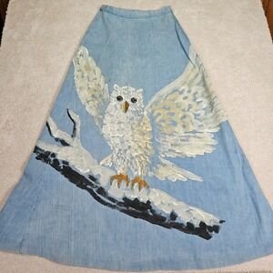 VTG 70's Mimosa Tree Maxi Skirt M Blue Rare Hand-Painted Snowy Owl Denim Artisan